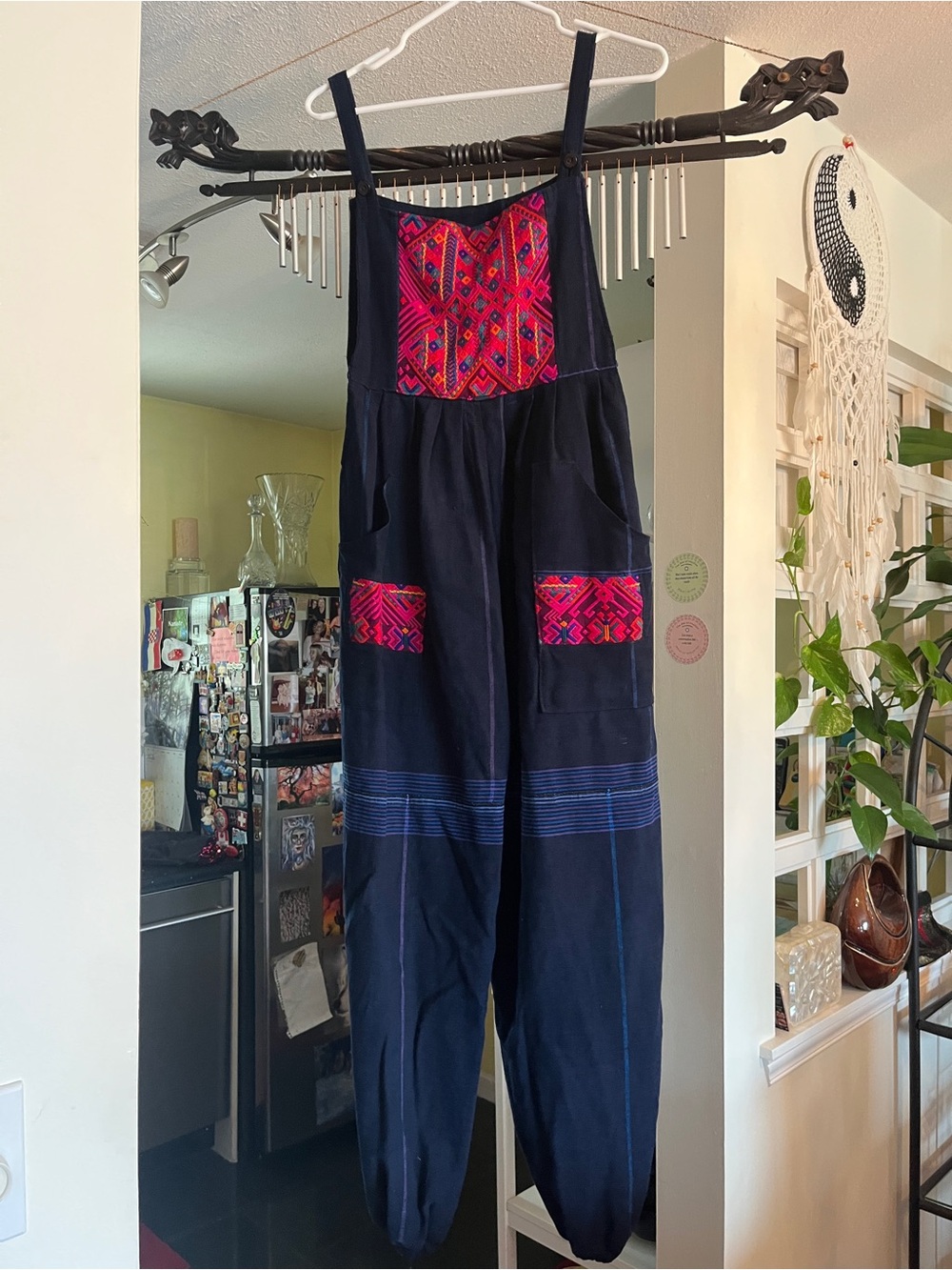 Women's Navy Denim Embroidered Overalls with Pink Accent